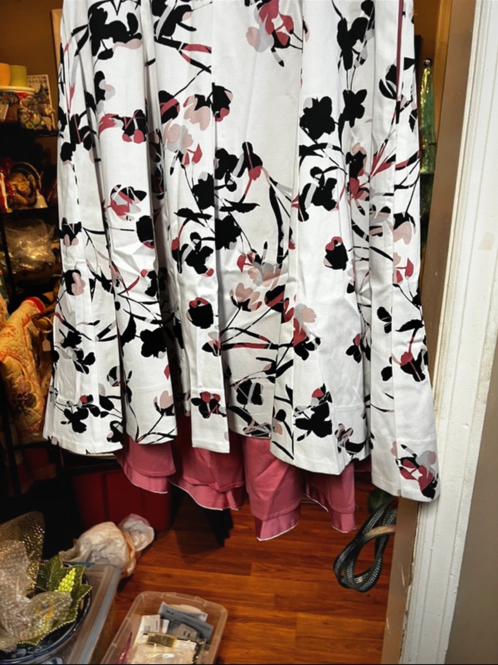 Sleeveless Floral Fit & Flare Dress - White with Black & Pink Floral - Picture 3 of 7